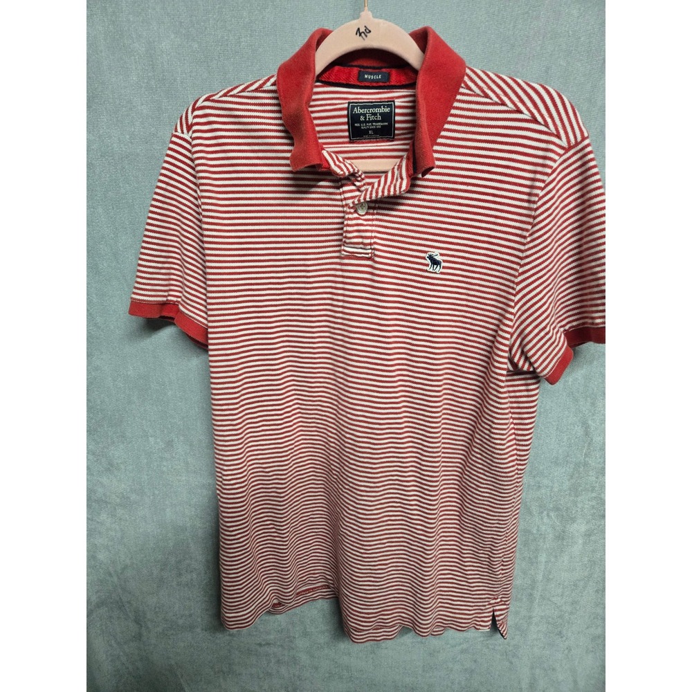 Abercrombie & Fitch Mens Muscle Fit Polo Shirt XL Red White Striped Moose Logo